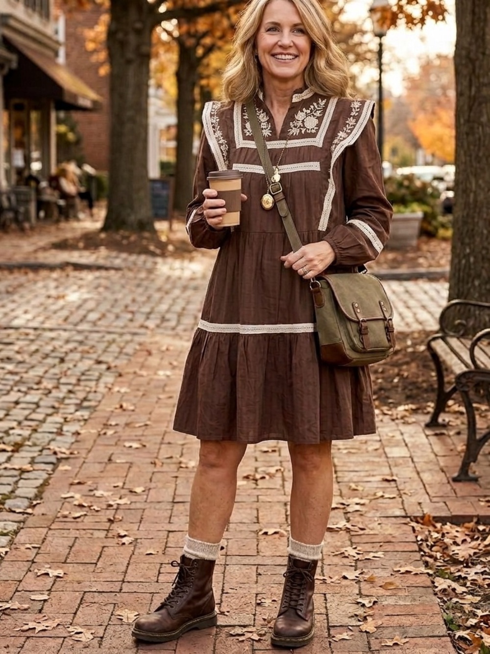 Polagram Brown Cottagecore Mini Dress Accent Lace Statement Collar -NWT -Lg